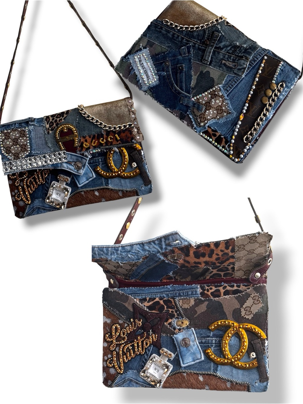 Custom Designer-Inspired Patchwork Denim Shoulder Bag in Blue and Brown